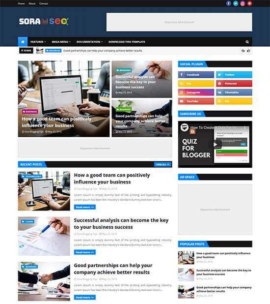Top 5 best Premium Looking SEO Friendly Blogger Templates Sora SEO 2